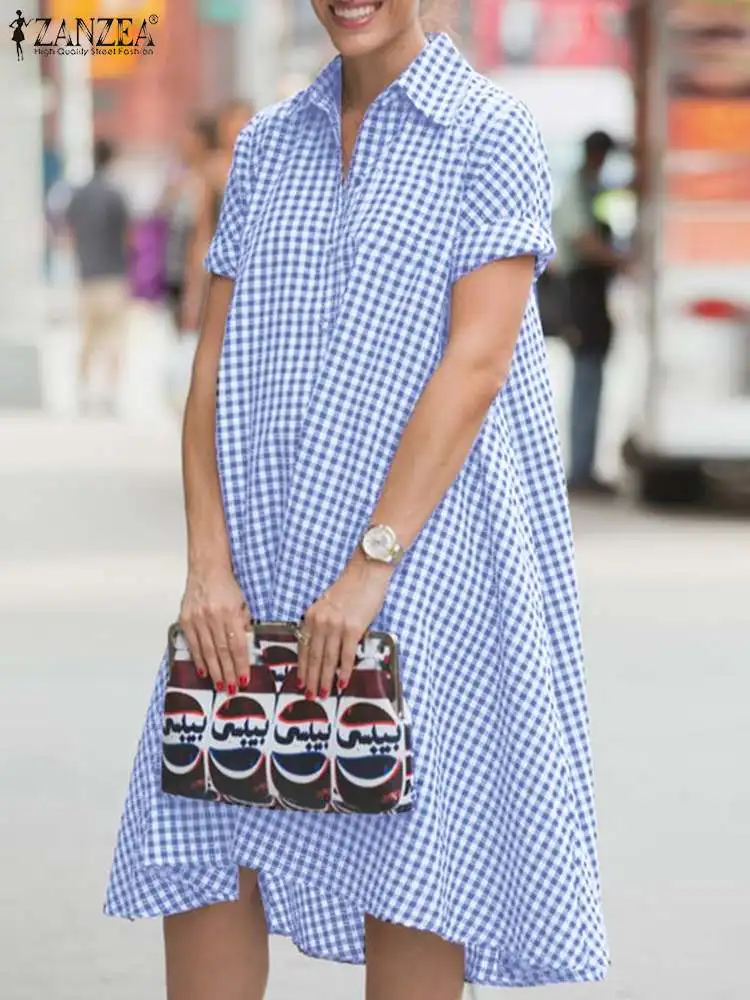 

Мини-платье ZANZEA женское с отложным воротником, Модный повседневный свободный сарафан с клетчатым принтом и коротким рукавом, лето 2023