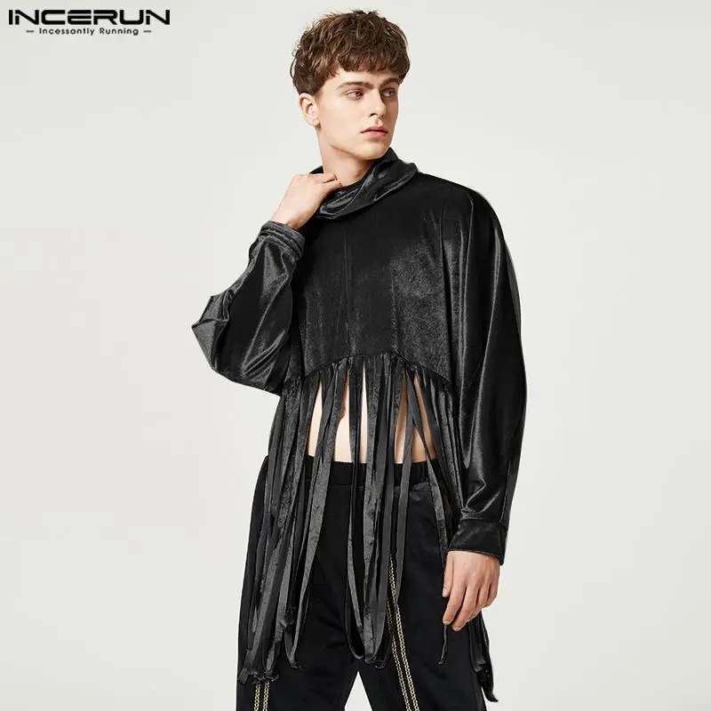 

INCERUN 2022 Men T Shirt Velour Tassel Turtleneck Long Sleeve Fashion Irregular Tee Tops Solid Color Streetwear Camisetas S-5XL