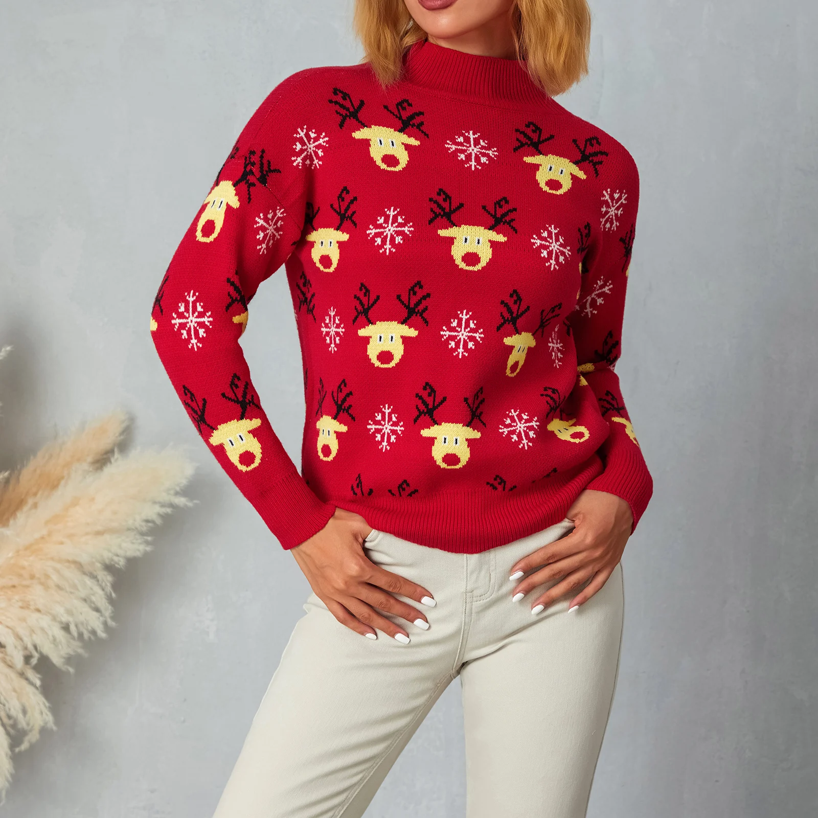 

Christmas Sweaters Elk Snowflake Print Mock Neck Long Sleeve Knitwear Pullovers Women Autumn Winter Casual Tops