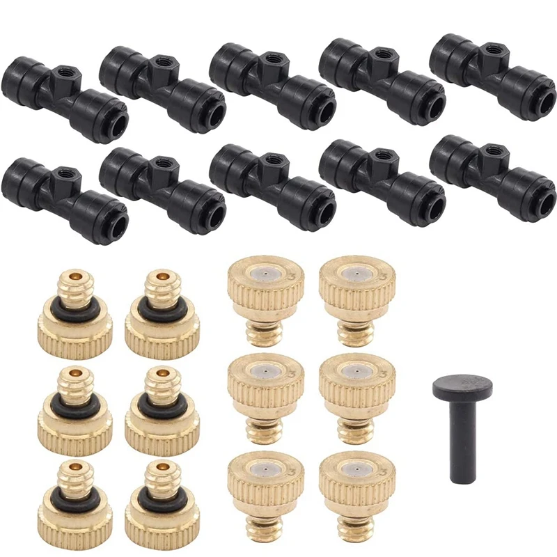 

1/4 Inch Misting Nozzles Kit Brass Mister Nozzles 0.3Mm 10/24 UNC With Tees And Plug For Patio Outdoor Cooling System