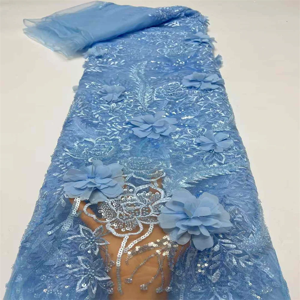 3D цветы в синем французском кружеве 2024 высококачественная кружевная сетка