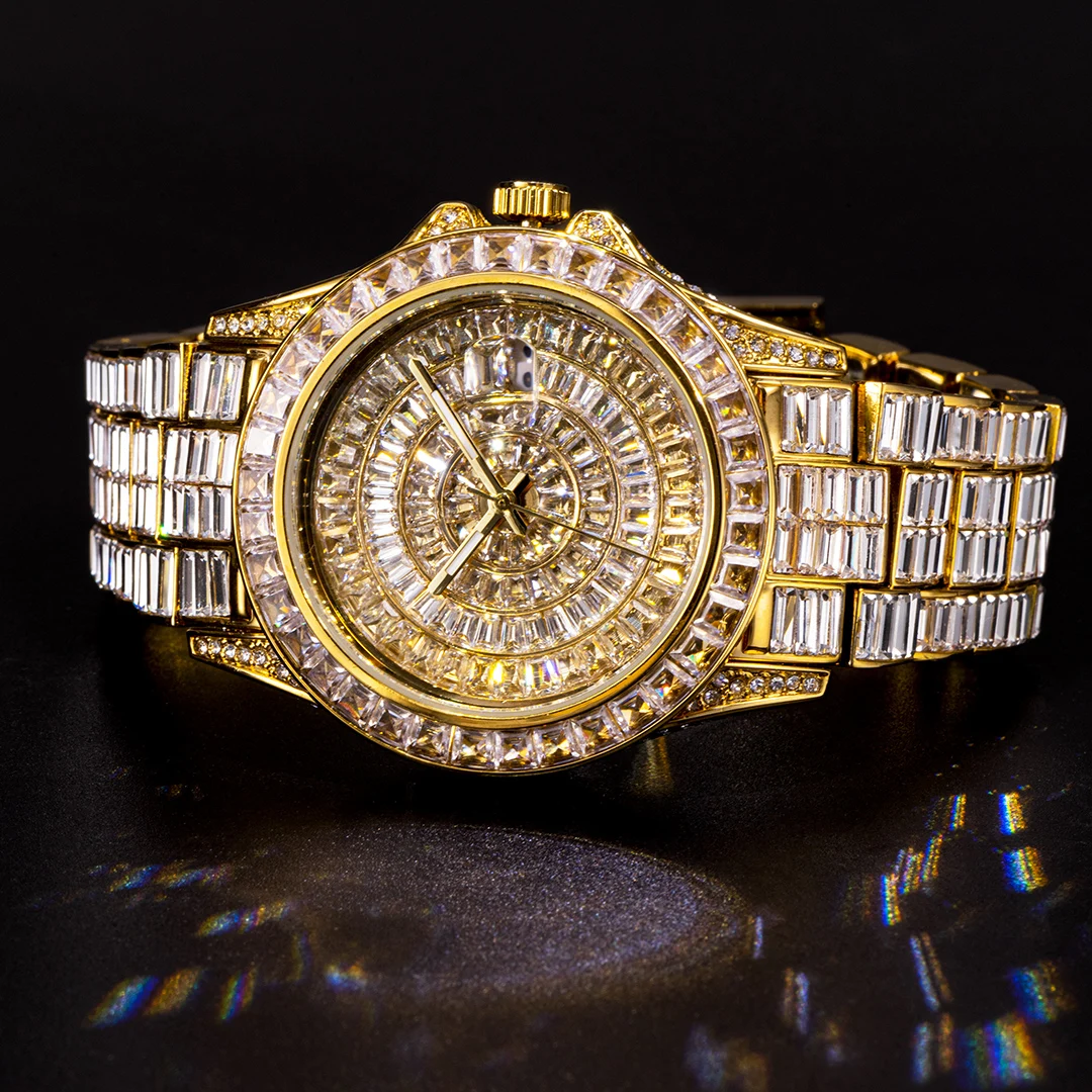 MISSFOX Big Square Diamond Men Quartz Watch Iced Out High-end Gold Luxury Watches Man Luminous Round Wristwatch Hiphop Hombres