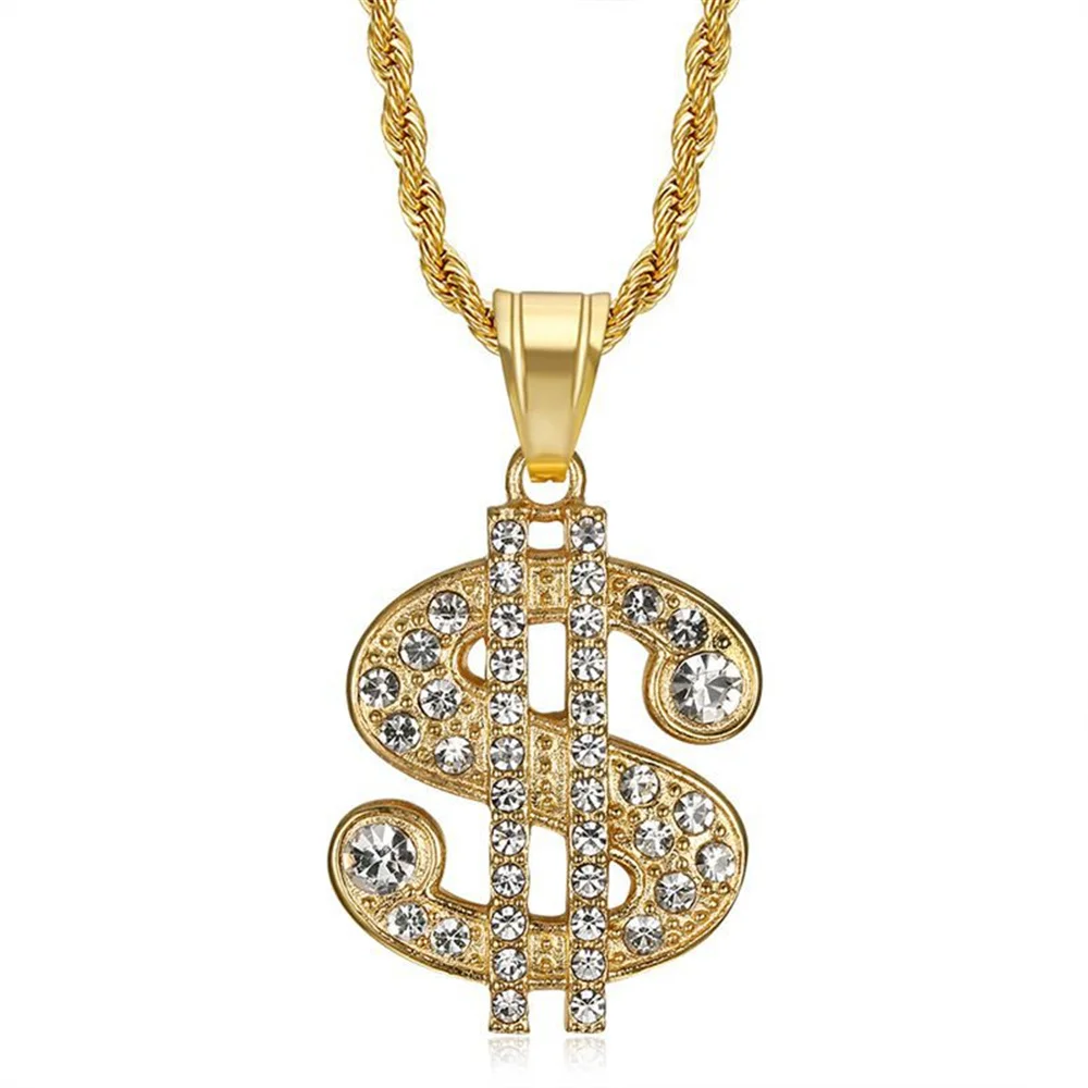 

Hip Hop Iced Out Bling Dollar Sign Necklaces Male Gold Color Stainless Steel Money Pendant & Chains For Men Jewelry Dropshipping