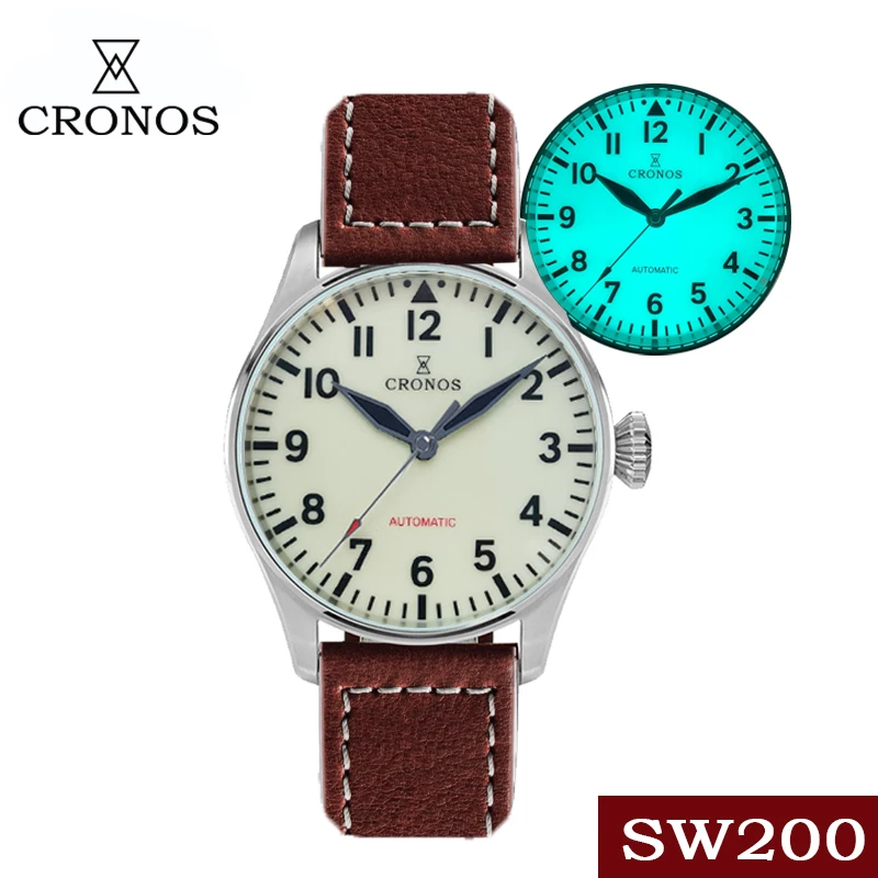 

CRONOS Mens Automatic Watches Men Pilot Watch Mechanical Wristwatch Full Luminous Dial 100M Waterproof Sapphire PT5000 / SW200