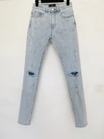 2021SS Best Quality AMR Destroy Heavy Wash Jeans Men Women Basic Skinny Jeans Men Light Blue Denim Trousers