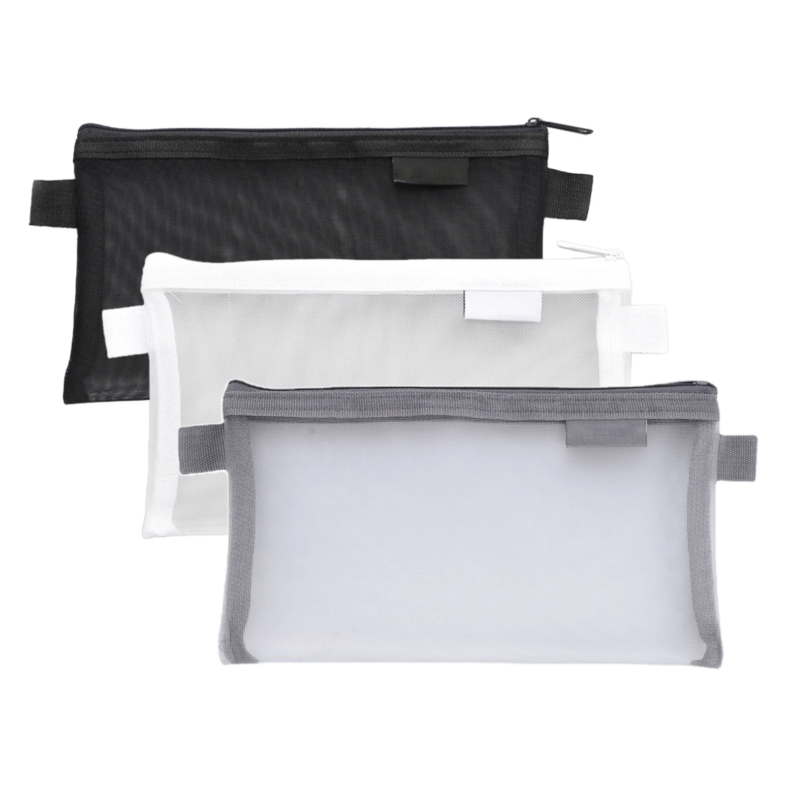 

3pcs Student Clear Mesh Large Capacity Zipper Closure Lightweight Travel Wear Resistant Stationery Supplies Pencil Pouch Office
