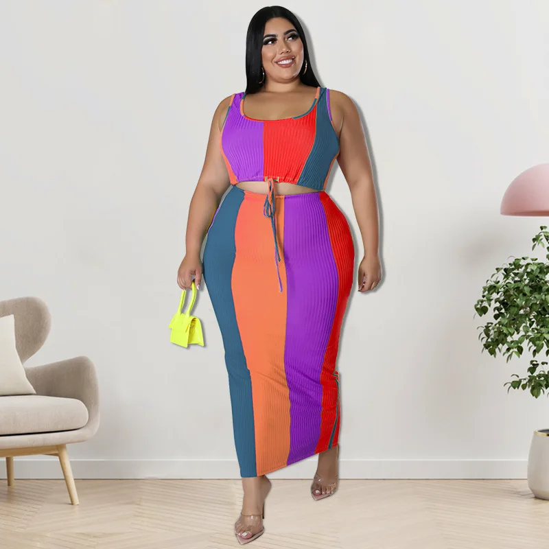 Plus Size Women 5xl Sets Ribbed Patchwork Bandage Tops And Dresses 2022 Summer Fashion Two Piece Set Lady Luxury Wholesale Cloth
