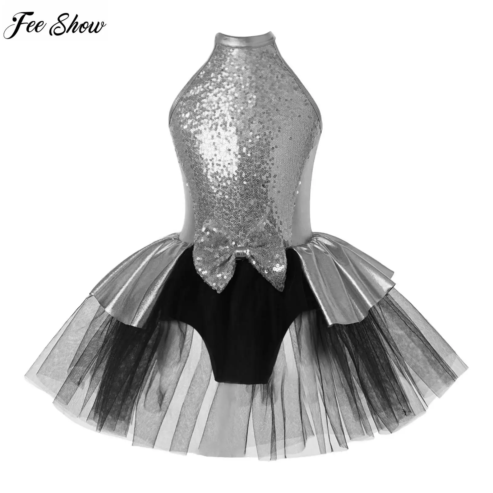 

Детское балетное танцевальное платье для девочек, Сетчатое платье-пачка без рукавов с круглым вырезом, блестками и бантом на бретельках с вырезами на спине
