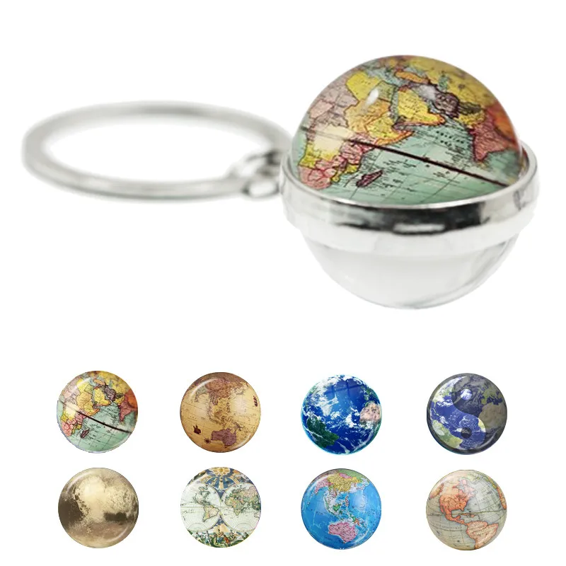 

World Map Glass Cabochon Ball Keychain Charms Double Sided Earth Map Pendant Key Ring Jewelry for Women Men Travel Enthusiasts