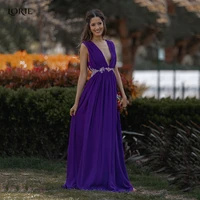 lorie purple evening dresses low cut v neck dubai backless a line formal prom gowns pleats beach celebrity party dress custom