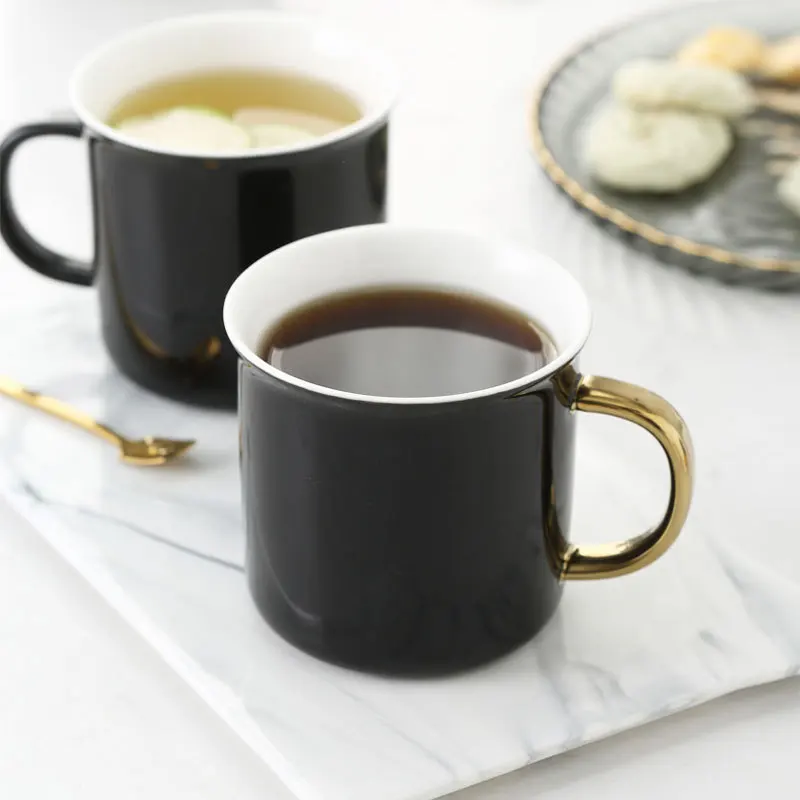 

370ml Ceramic Mug with Spoon Creative Gold Handle Black Mug Personality Couples Coffee Mugs Household Milk Cup Water Tea Cups