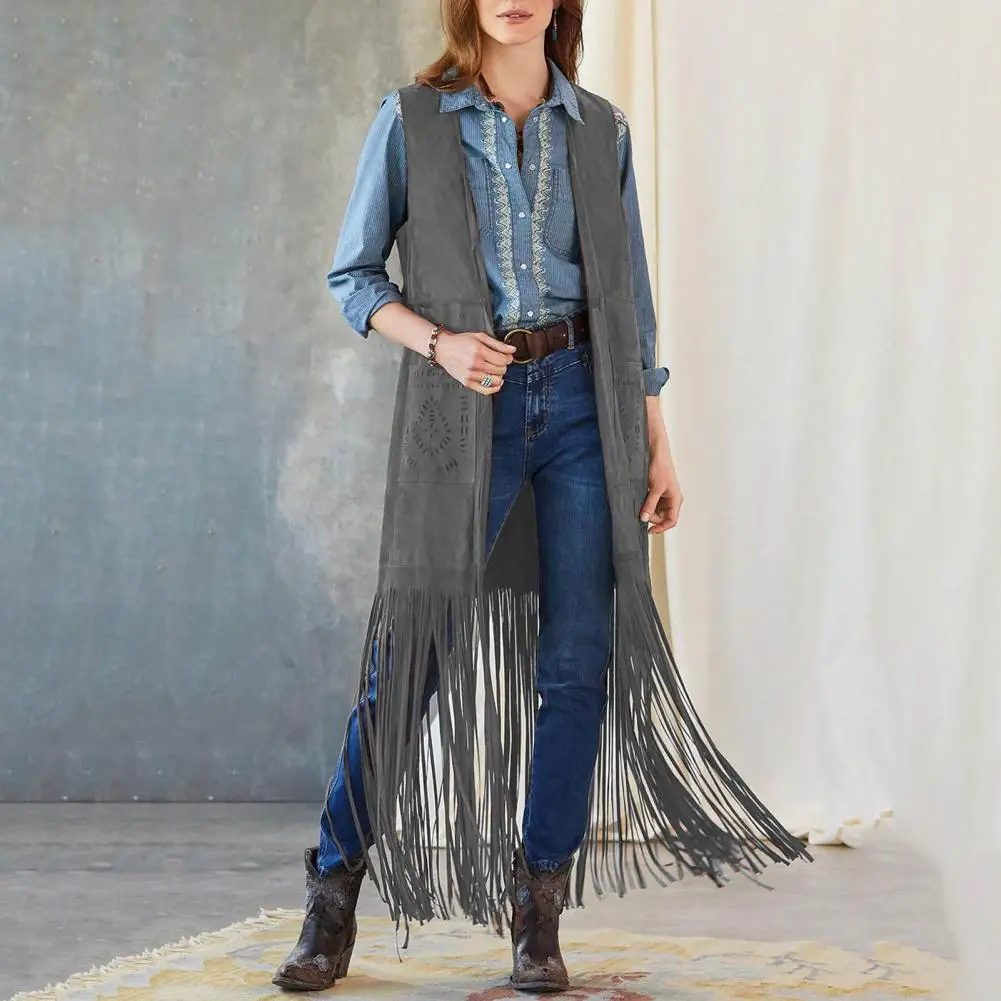 

Western Fringed Vest 70s Hippie Cardigan Women's Fringe Tassel Vest with Patch Pockets Loose Sleeveless Open-front for Cowboy