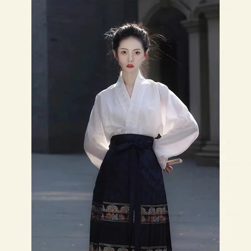 

Элегантный костюм ханьфу, традиционный белый топ, блузка, черная юбка с лицом лошади, женские костюмы для восточных танцев, китайская одежда