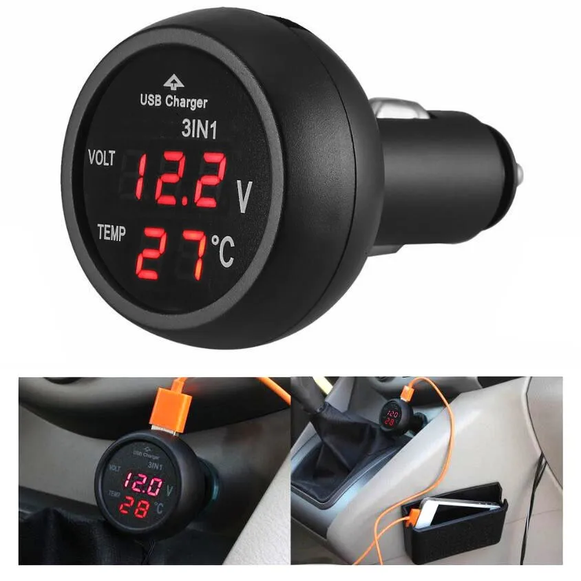 

Автомобильный Вольтметр 3-в-1 С USB-зарядкой, Цифровой Светодиодный Датчик, Термометр, 12 В/24 В, Розетка Прикуривателя