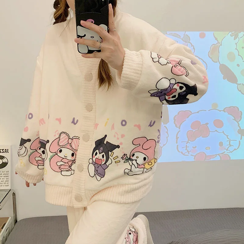 

Пижамный комплект Sanrios Kawaii Kuromi My Melody, зимняя теплая Фланелевая пижама Cinnamoroll, женская одежда для сна, милый мультяшный Повседневный домашний костюм
