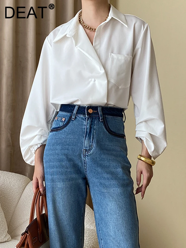 

DEAT Fashion Women's Shirt Lapel Folds Lantern Sleeves Single Button Pocket Loose White Straight Blouse Autumn 2023 New 7AB530