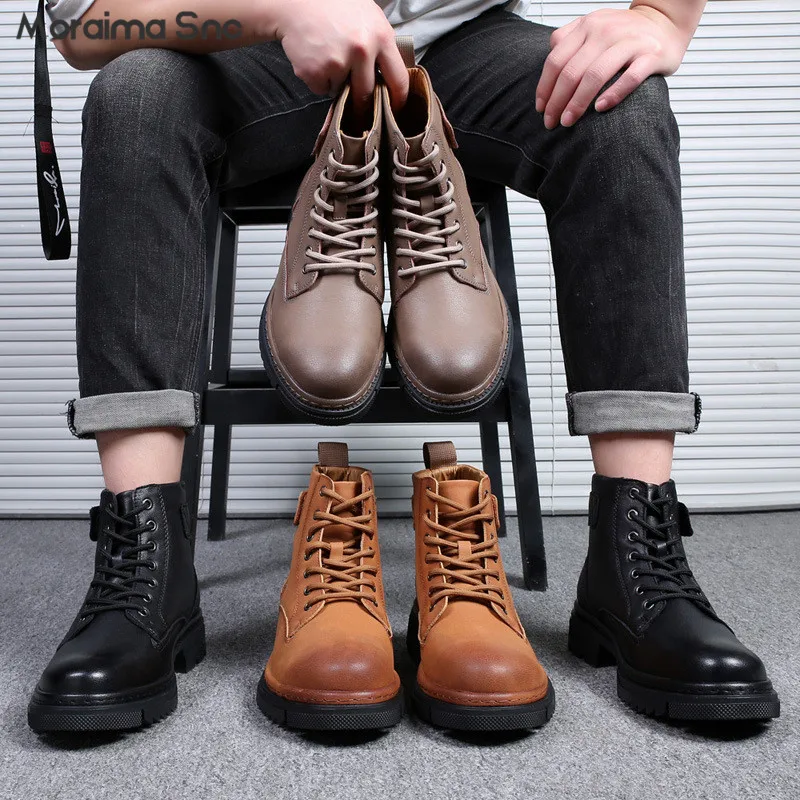 Men's Round Toe Lace-Up Boots Stitching Yellow Black Gray High-Top Cowhide Boots Leather Mid-Barrel Platform Men's Shoes