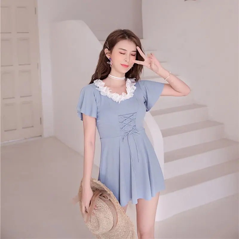 

Swimsuit Female Conservative Student Korean Sexy One-Piece Breasts Gathered Fresh Covering Belly Slimming Ladies Boxer Swimwear