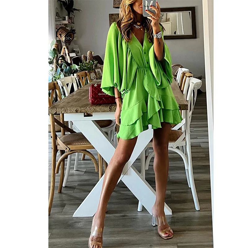 2023 New Short Dress Sexy Deep V Solid Long Sleeve Waist Dress