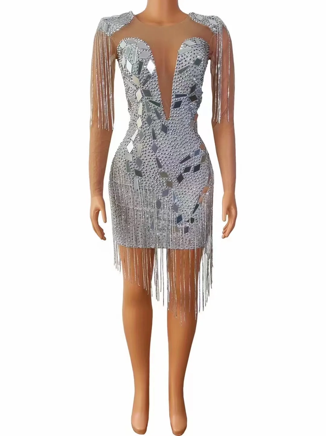 Silver Mirrors Crystals Chains Mesh Dress See Through Birthday Party Celebrate Fringes Costume Nightclub outfit