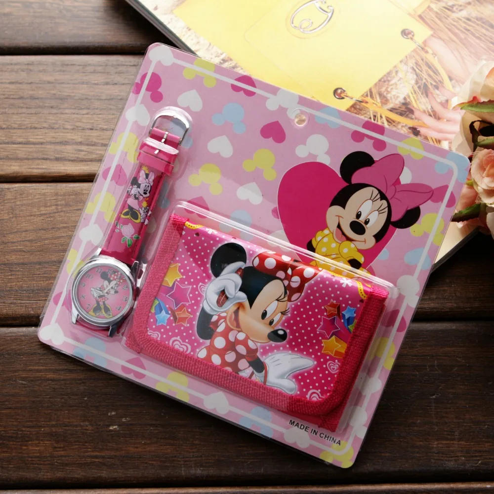 Disney Mickey Children watches Cartoon Wallet Watch Set Spiderman Minnie Quartz Leather Watches Students Birthday Gifts