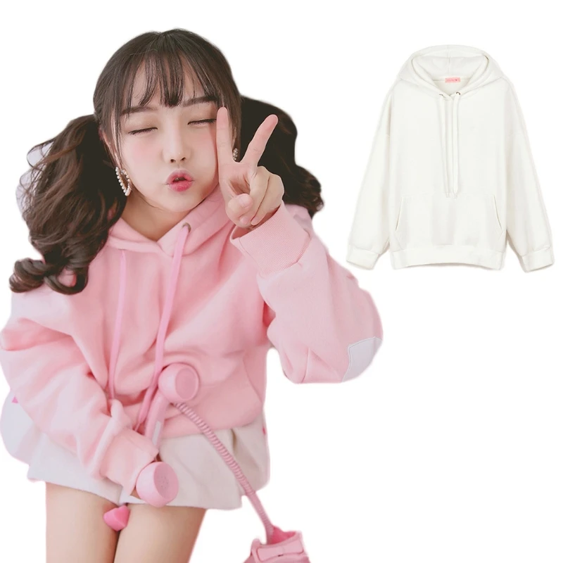 

Women Sweet Love Heart Embroidery Drawstring Hoodies Japanese Style Kawaii Solid Color Long Sleeve Loose Sweatshirt
