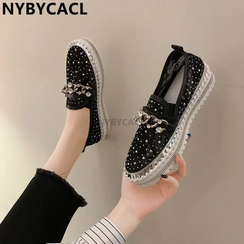 Luxury Diamonds Round Toe Summer Mesh Breathable Flats Crystals Chain Shoes Women Couple Platform Fashion Loafers Plus Size 43