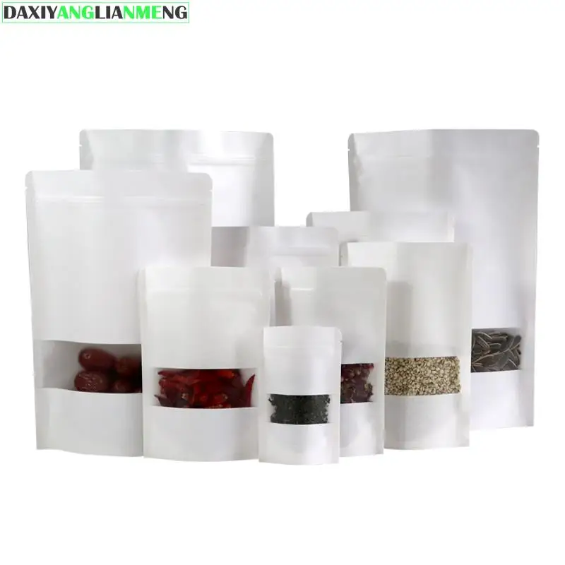 

50 шт./лот, большие 3 размера белые пакеты для упаковки из крафт-бумаги, матовые окна, стоячие пакеты на молнии, розничная упаковка с замком на ...