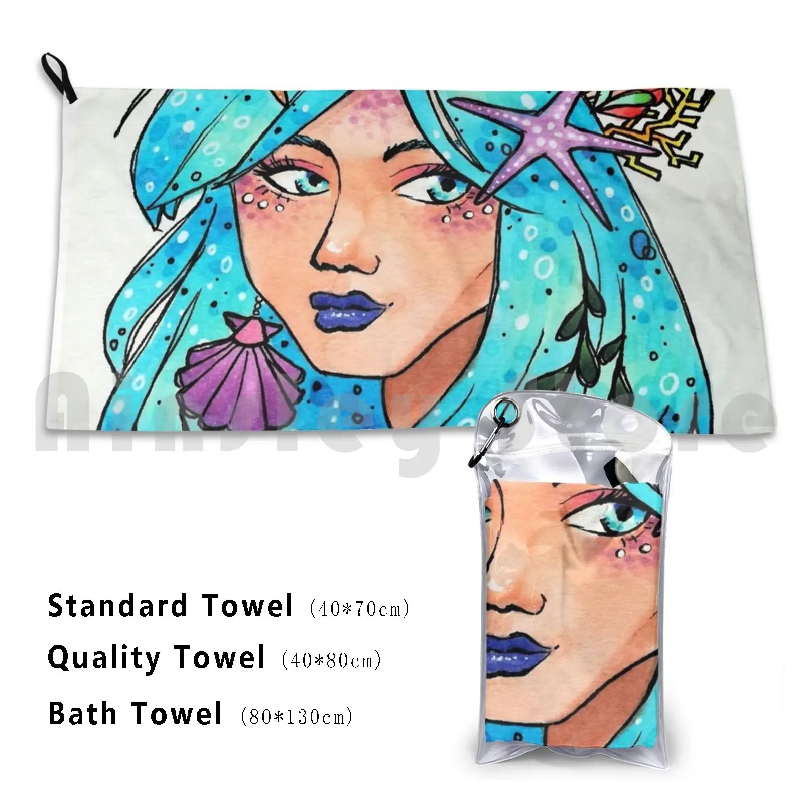 Ocean Vibes Bath Towel Beach Cushion Water Ocean Sea Mermaid Girls Portrait Marker Copic Copicmarker Cute Oceanic