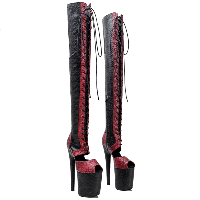 Leecabe 20CM/8Inch Snake PU UPPER  black with red color  Platform disco party High Heels Shoes Pole Dance boot