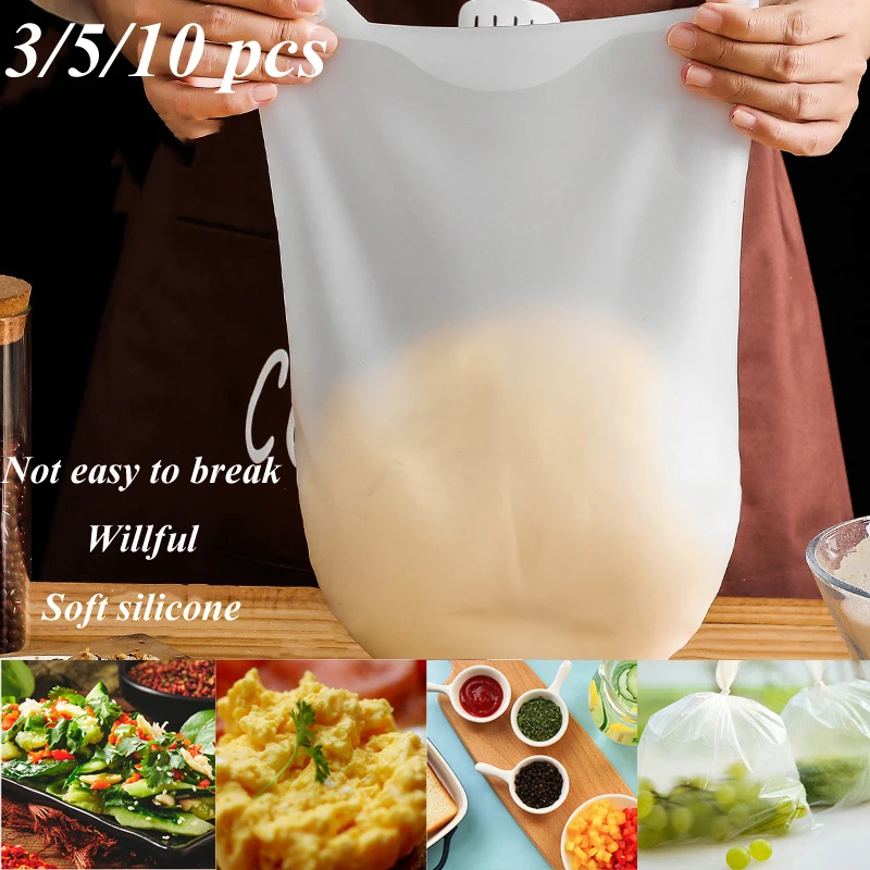 3/5/10pcs Non-Stick Food Grade Silicone Kneading Dough Bags Multifunctional Flour Mixing Bag Kitchen Tool For Bread Pastry Pizza