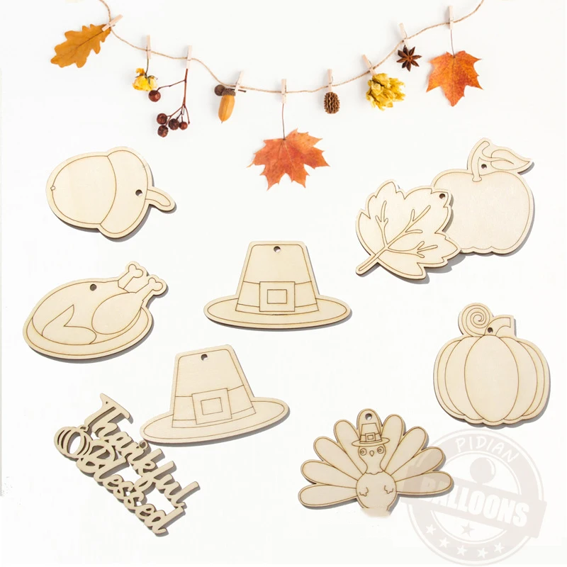 

27pcs/Set Thanksgiving Wooden Pendant DIY Colored Wood Chip Harvest Festival Maple Leaf Turkey Pattern Pendant Christmas Decor