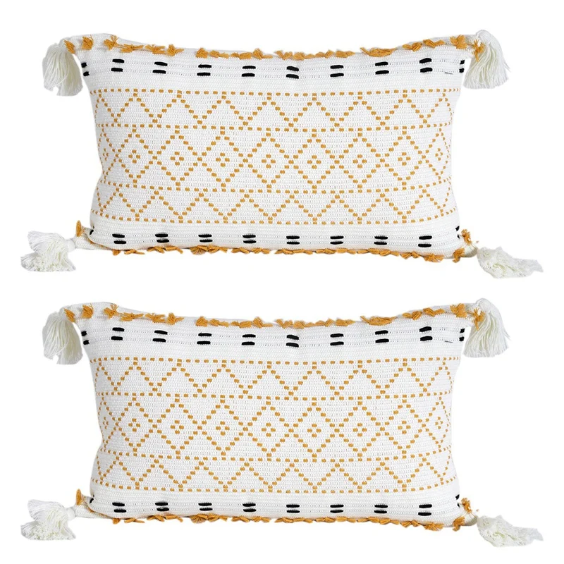 

2X Boho Throw Pillow Covers Natural Cotton Hand-Woven Tufted Tassel Decorative Lumbar Pillowcase For Sofa Bed Farmhouse