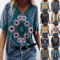 2022 Women's Printed Ethnic Style Geometry V-neck Short Sleeve T-shirt Top