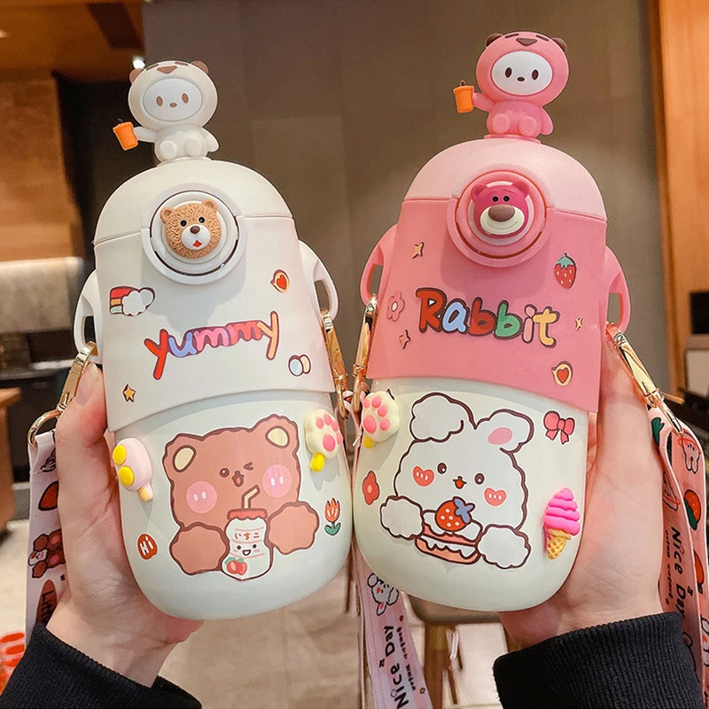 

500ml Kawaii Rabbit Vacuum Flask Cute Stainless Steel Thermos With Straw Strap Children Water Bottle Keep Hot Cold Drinking Cup