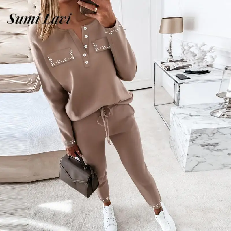 

Autumn Long Sleeve Pullover and Trousers Two-piece Set New Ladies Casual Sports Set Street Women Pearl Drawstring Long Pants Set