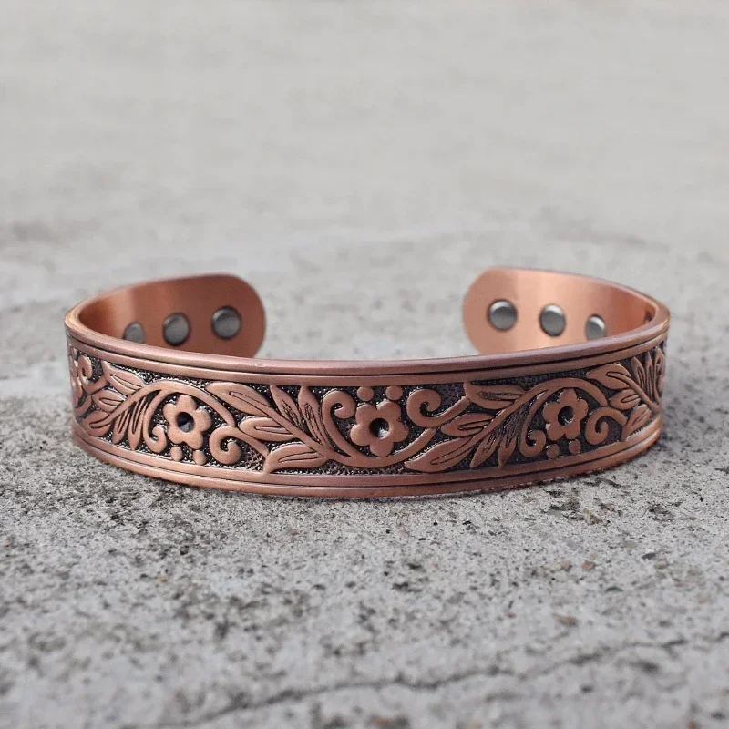 Czysta miedź bransoletki dla mężczyzn kobiety regulowany mankiet etniczny wzór kwiatowy magnetyczne zapalenie stawów zdrowie wysoki magnes