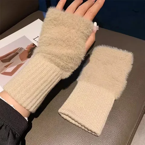 Женские белые мягкие зимние перчатки без пальцев из плюша