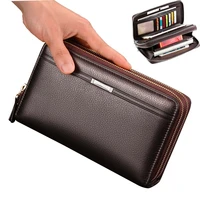 men wallet double zipper clutches leather wallet business male clutch bag long purse phone pocket wallets multi pocket handy bag