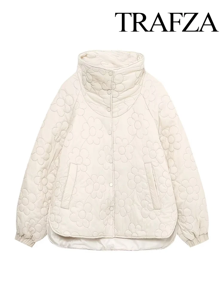TRAFZA Women's Winter Fashion Padded Floral Printed Cotton Coat Female Elegant Versatile Warm Hidden Button Long Sleeve Jacket