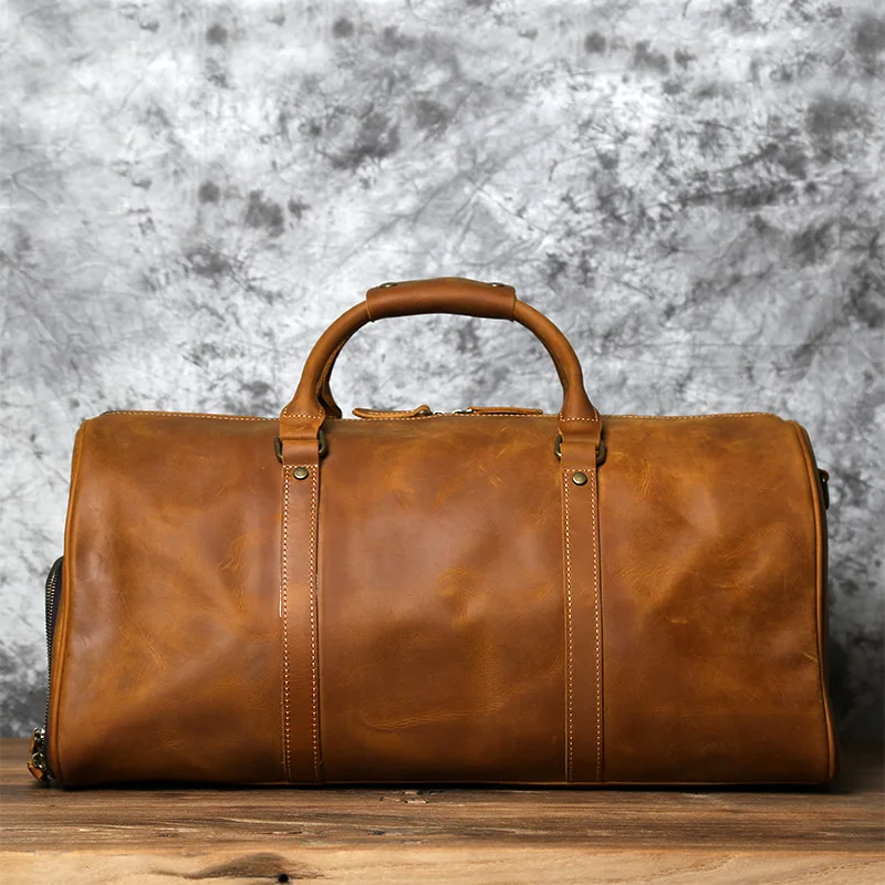 

Men's Retro Genuine Leather Travel Bags Hand Luggage First Layer Cowhide 20-35L Weekend Business Trip Handbag Shoulder Messenger