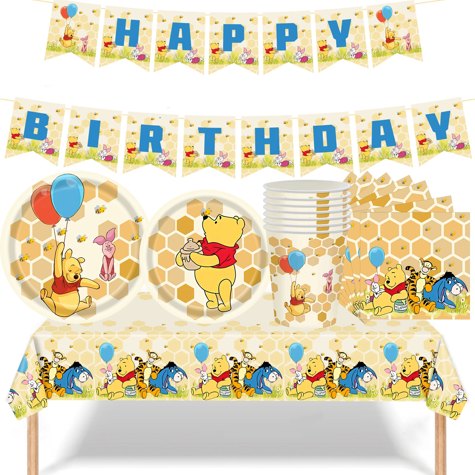 

Classic Winnie the Pooh Birthday Party Supplies or Baby Shower Serves 8 Guests With Banner Table Cover Plates Napkins and More