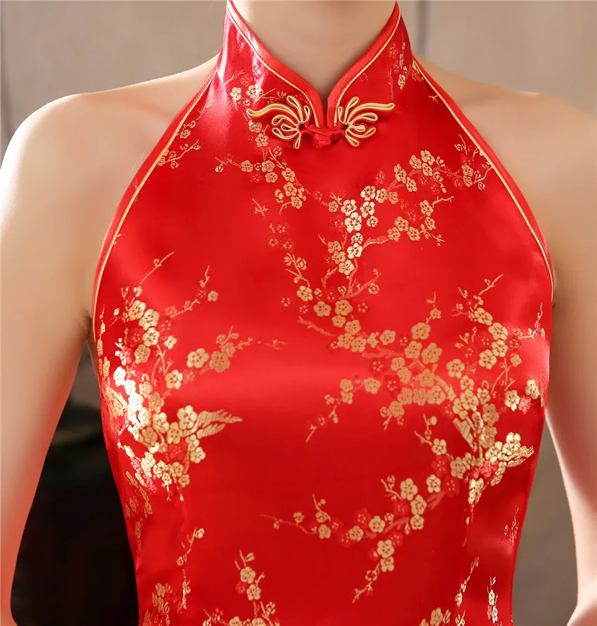 Ретро Китайская традиционная розовая Ципао Длинная атласная фотоблестящая