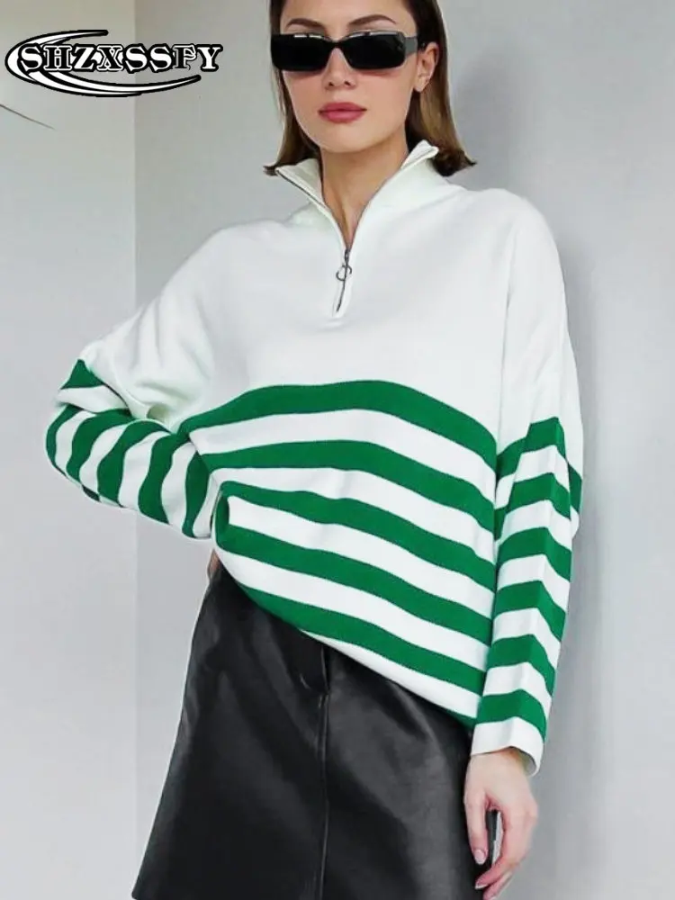 

Warm Knitted Sweater Woman Fashion Striped Zipper Women's Turtleneck Loose Casual Turn-down Collar Winter Clothes Women 2022