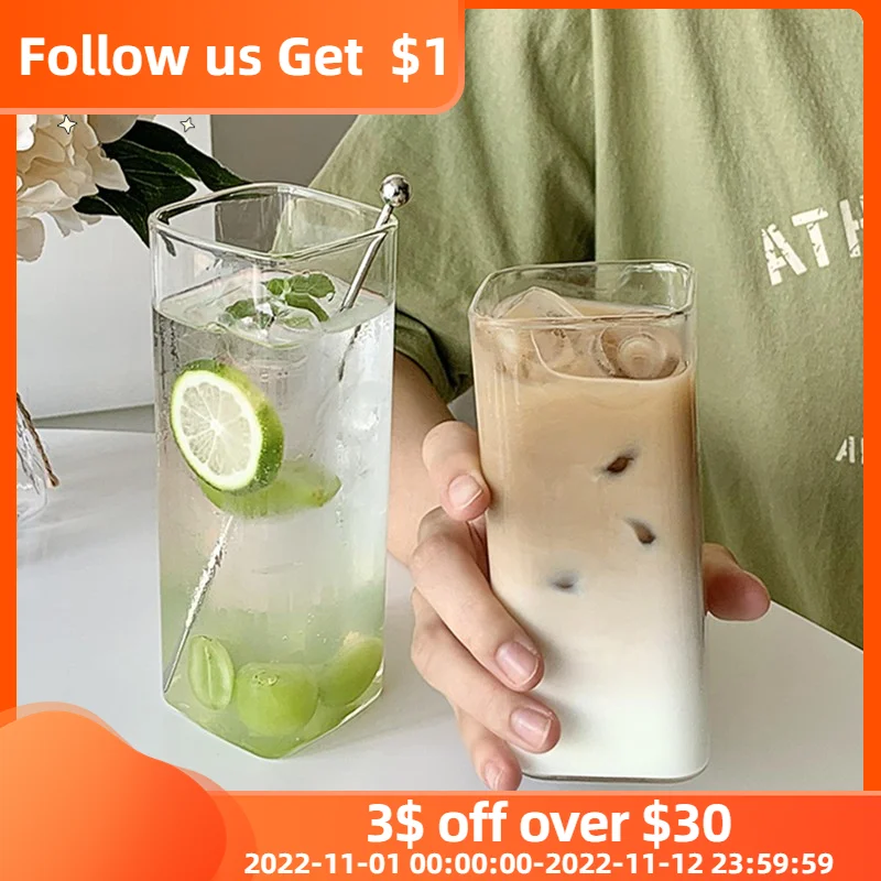 

Устойчивая квадратная прозрачная термостойкая стеклянная чашка для чая, воды, молока, сока, 260 мл/400 мл/500 мл, простая чашка для сока, десертна...