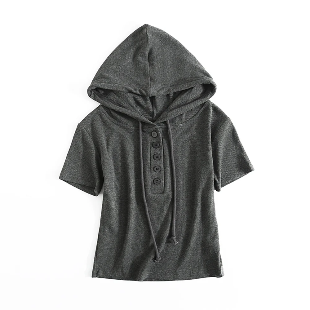 Summer new street casual all-match drawstring hooded short T-shirt womens solid color pullover thin short-sleeved T-shirt women