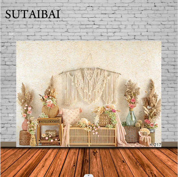 

Photography Background Boho Tassels Pink Flower Pampas Grass Girl Birthday Party Cake Smash Decor Backdrop Photo Studio