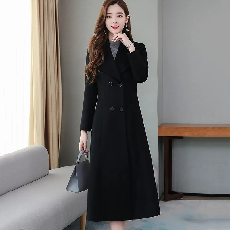 

2023 Autumn Winter New Woolen Coat Women Outwear Fashion Slim Long Double-Breasted Wool Leisure Trench Coat Female Overcoat