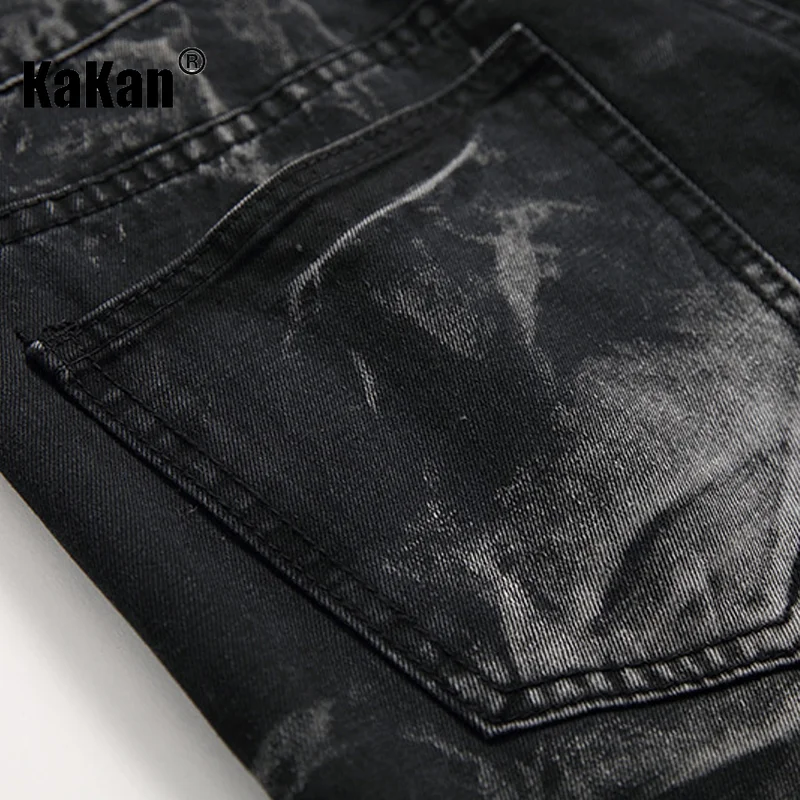 Kakan - European and American New Distressed Jeans for Men, High Street Washed Old Black Long Jeans K36-335