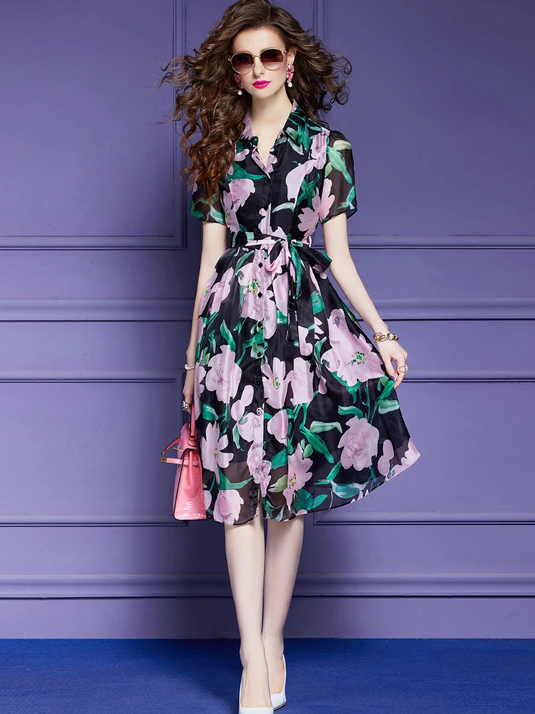 

Женское шифоновое платье с коротким рукавом, черное платье с цветочным принтом для отдыха, модельное элегантное дизайнерское платье, лето 2023